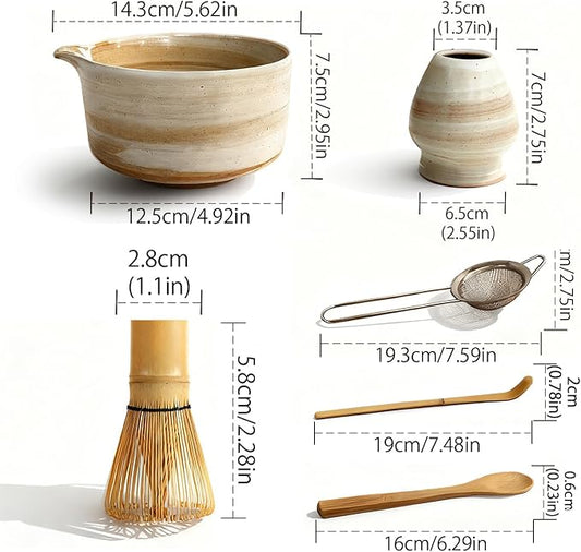Matcha Whisk Set, Matcha Set, 6 Pieces, with Bamboo Whisk, Ceramic Bowl & Sifter Complete Matcha kit Tea Includes Scoop & Spout Bowl