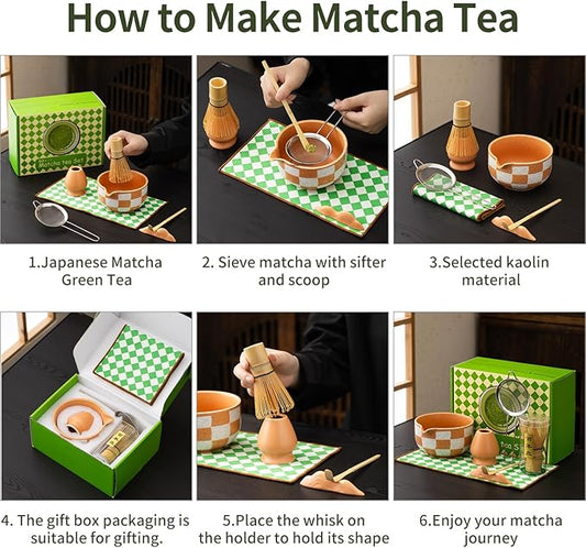 Premium 7-Piece Matcha Tea Set – Traditional Japanese Style with Elegant Grid Pattern, Includes Bamboo Whisk, Ceramic Bowl, Scoop & More