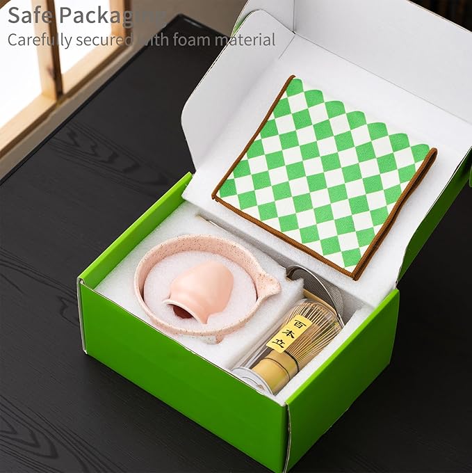 Premium 7-Piece Matcha Tea Set – Traditional Japanese Style with Elegant Grid Pattern, Includes Bamboo Whisk, Ceramic Bowl, Scoop & More