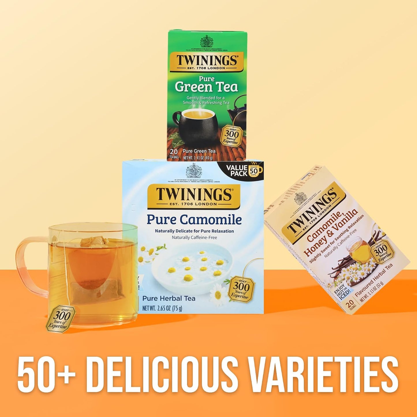Twinings Pure Camomile Herbal Caffeine-Free Tea Bags, 50 CT Box (6 Pack) | Floral & Delicate For Pure Relaxation, Naturally Caffeine-Free, 300 Foil Lined Individually Wrapped Bags, Enjoy Hot or Iced