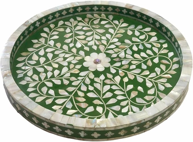 Handmade Resin Tray Mother of Pearl Bone Inlay Resin Serving Tray Floral Pattern Fancy and Decorative Serving Platter with Handle for Snacks, Tea, Coffee Table, Dining (Green)