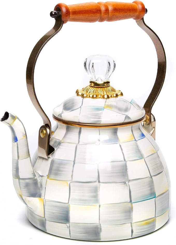 MACKENZIE-CHILDS Enamel Tea Kettle, Stylish Tea Kettle for Stovetop, Grey-and-White Sterling Check,
