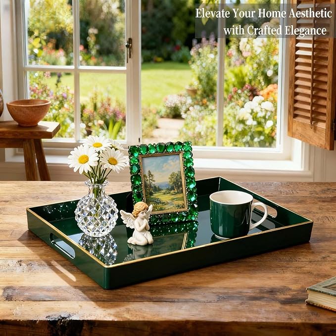Zosenley Decorative Tray, Rectangular Plastic Tray with Handles, Modern Vanity Tray and Serving Tray for Bathroom, Kitchen, Ottoman and Coffee Table, 15.6” x 10.2” (Dark Green)