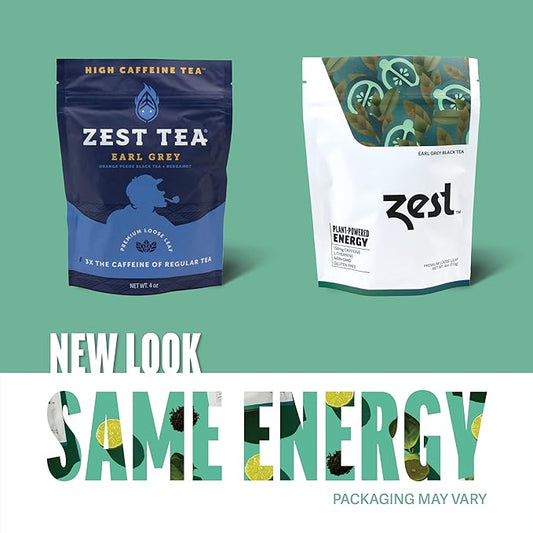 Zest 150mg High Caffeine Energy Loose Leaf Blend - Earl Grey Black Tea - 4 Oz - Hot or Iced - All Natural Strong Flavored Healthy Coffee Alternative Highly Caffeinated Substitute - Perfect for Keto