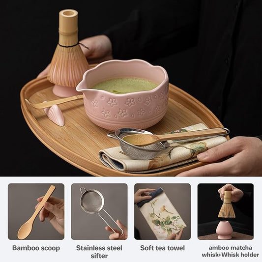 Matcha Whisk Set, 8-Piece Matcha Tea Set with Bamboo Whisk (Chasen), Ceramic Bowl (Chawan), Sifter, Scoop & Holder for Home Use (Gradient Green)