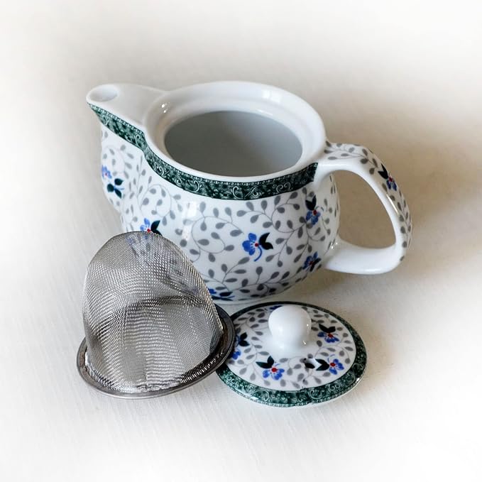 Small Porcelain Teapot, 9oz Tea Pot with Stainless Steel Filter Removable (Flower)