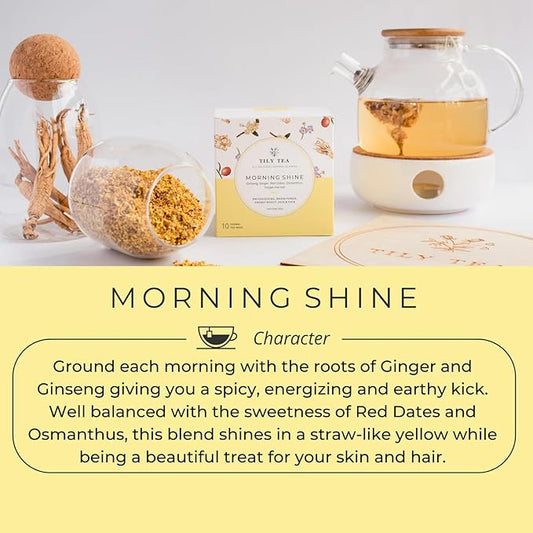 Tily Tea Morning Shine Breakfast Tea - Natural Herbal Tea for Focus and Energy - Ginger and Ginseng - Caffeine Free - 10 Plastic-Free Tea Bags