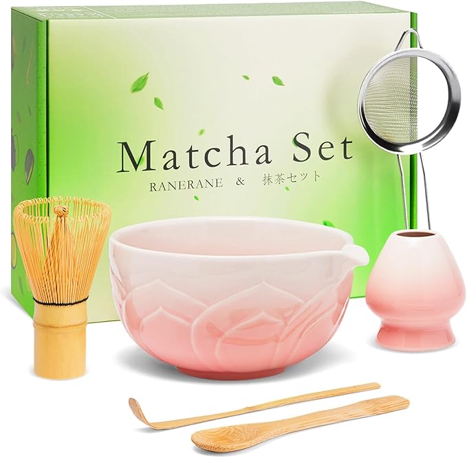 Matcha Whisk Set, Lotus Gradient Pink Ceramic Matcha Set Includes Matcha Bowl, Matcha Whisk (Chasen)