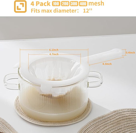 3-Piece Mesh Strainer Set with Handles & Hanging Loops, 100/200/300 Mesh, Nylon & Plastic Sieve for Tea, Coffee, Nut Milk, Juice, Broth, Smoothies