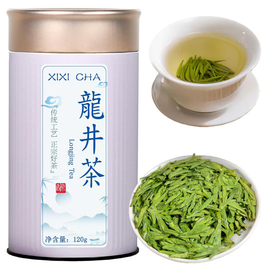 XIXICHA Longjing Green Tea Loose Leaf New Longjing Tea Dragon Well Dragonwell Tea Chinese Green Tea Lung Ching Premium Bean Aromatic All-natural and free of additives 4.23oz/120g(96 cups)龙井 绿茶 明前采摘