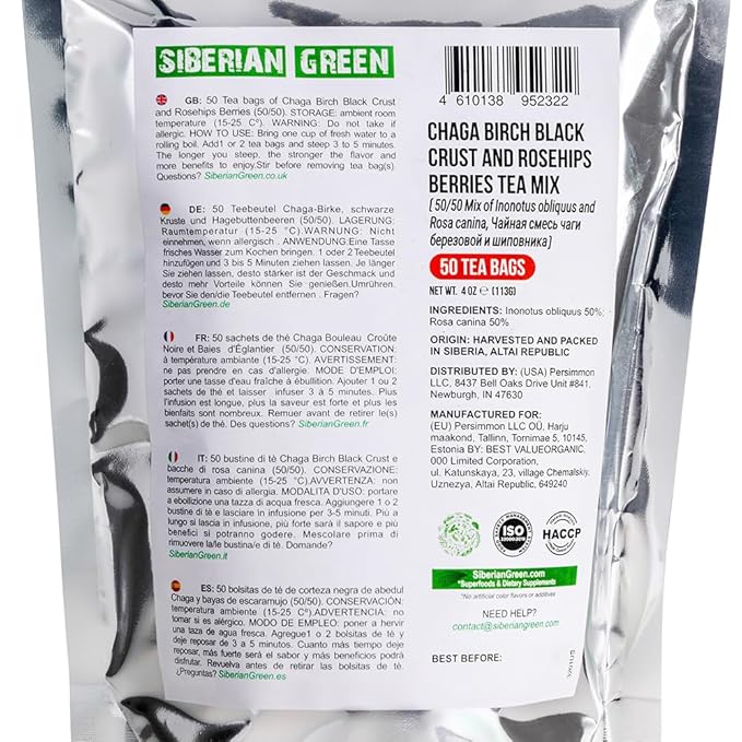 Siberian Green Chaga Tea Birch Black Crust with Rosehip Berries Mix – 50pcs Tea Bags with Natural, Pure Ingredients - Antioxidant Support