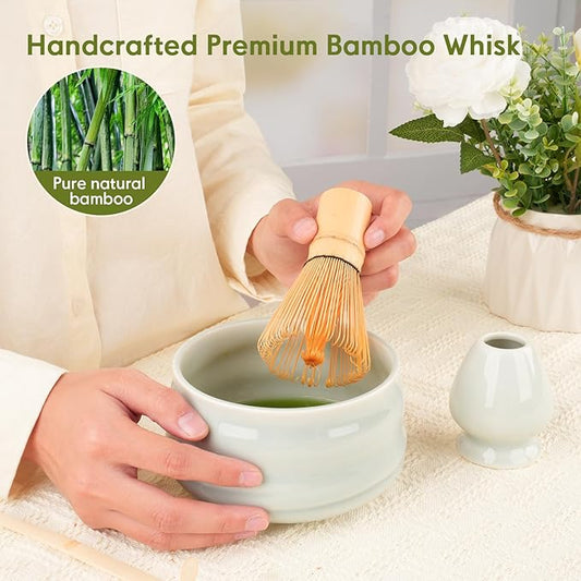 Matcha Whisk Set – Ceramic Matcha Set with Matcha Bowl, Matcha Whisk & Holder, Bamboo Scoop, Tea Towel – 5-Piece Japanese Matcha Kit for Matcha Lovers, Beginners & Gifting (Gray, 20oz)