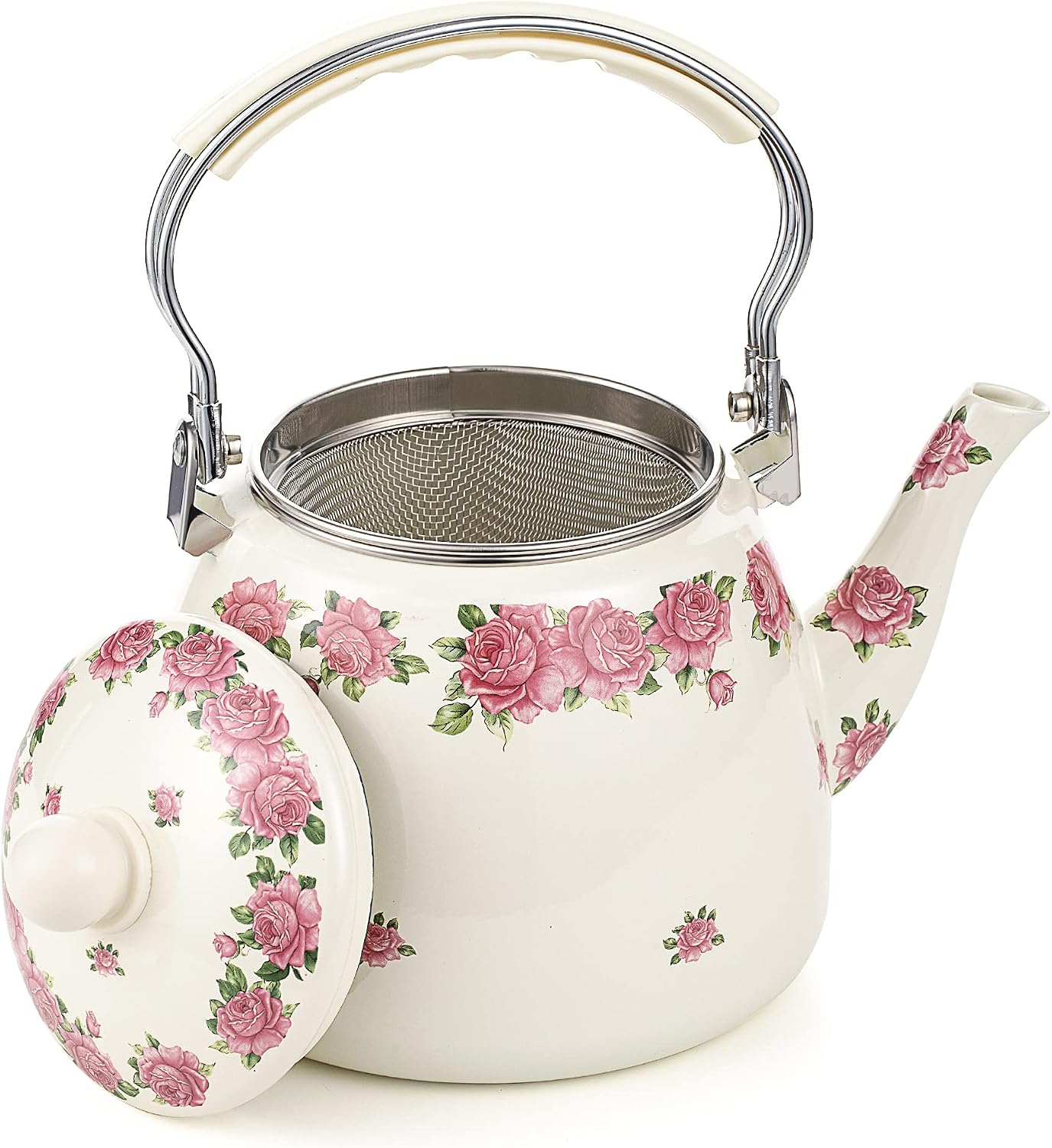 112 oz Floral Tea Kettle Pot for Stove Top, 3.5 QT Enamel Teapot | 3.3 L large teakettle, Porcelain Enameled Teakettle with Stainless Steel Strainer