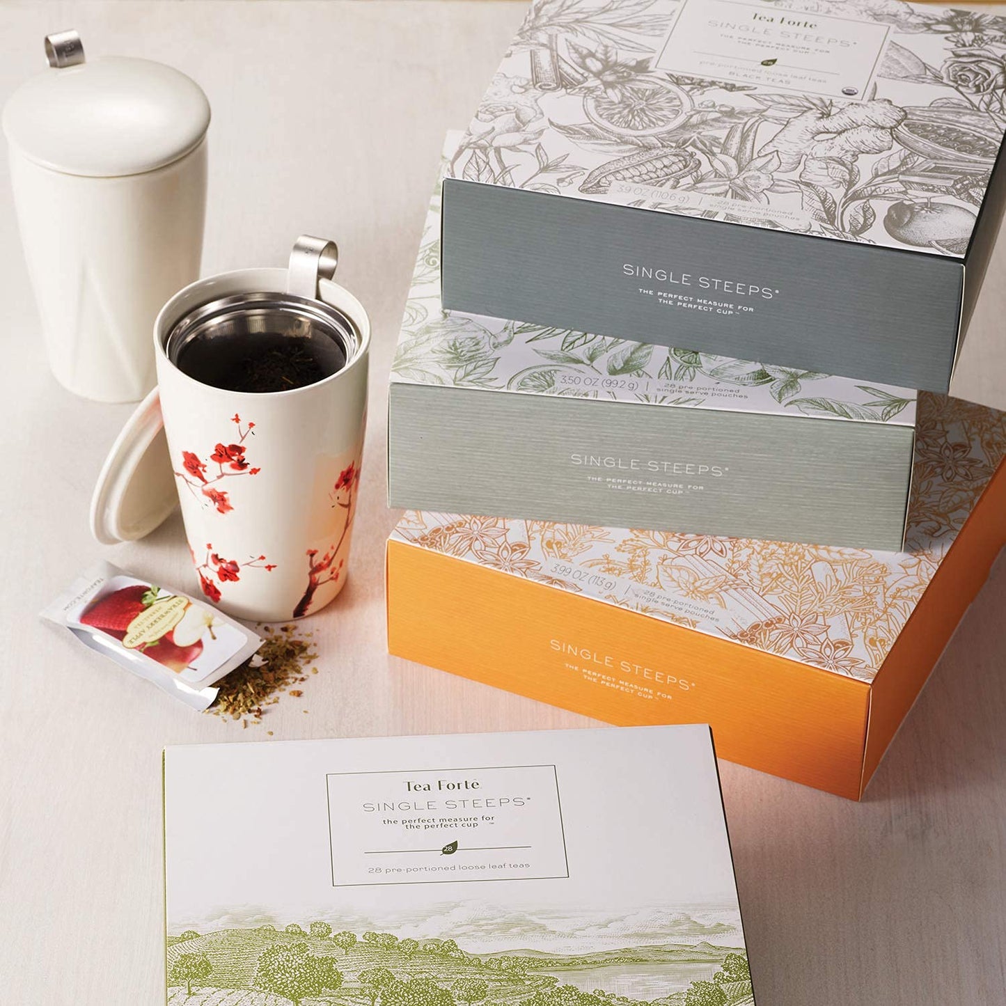 Tea Forte Single Steeps Loose Leaf Tea Sampler Tea Chest, Assorted Variety Tea Box, 28 Single Serve Pouches, Gifts for Mom, Herbal Tea