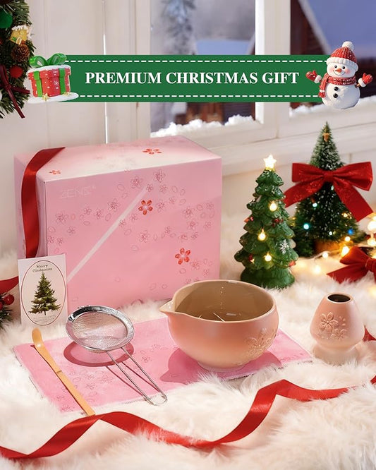 ZENS Matcha Whisk Set, Pink Ceramic Matcha Bowl with Embossed Sakura, 6pcs Matcha Tea Kit Includes Bamboo Whisk, (Chasen Holder) Scoop & Sifter, Tea Towel for Matcha Ceremony, Pink
