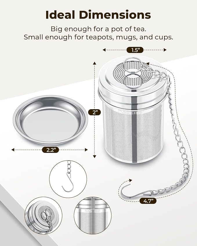 House Again 2 Pack Tea Strainers for Loose Tea, Extra Fine Mesh Tea Infusers, 304 Stainless Steel with Extended Chain Hook, Loose Leaf Tea Steeper