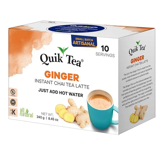 QuikTea Ginger Chai Tea Latte – 10 Count, Bold Ginger Flavor, no preservatives – Just Add Hot Water