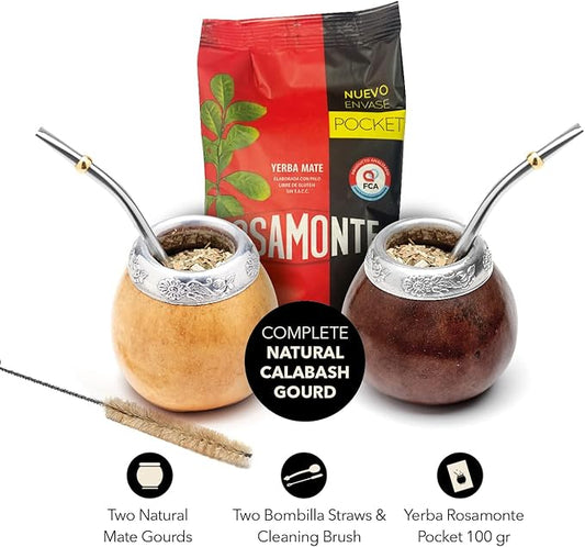 BALIBETOV Yerba Mate Set - 2 Gourds, 2 Bombillas, 1 Cleaning Brush, 100gr Loose Leaf - Dark Brown