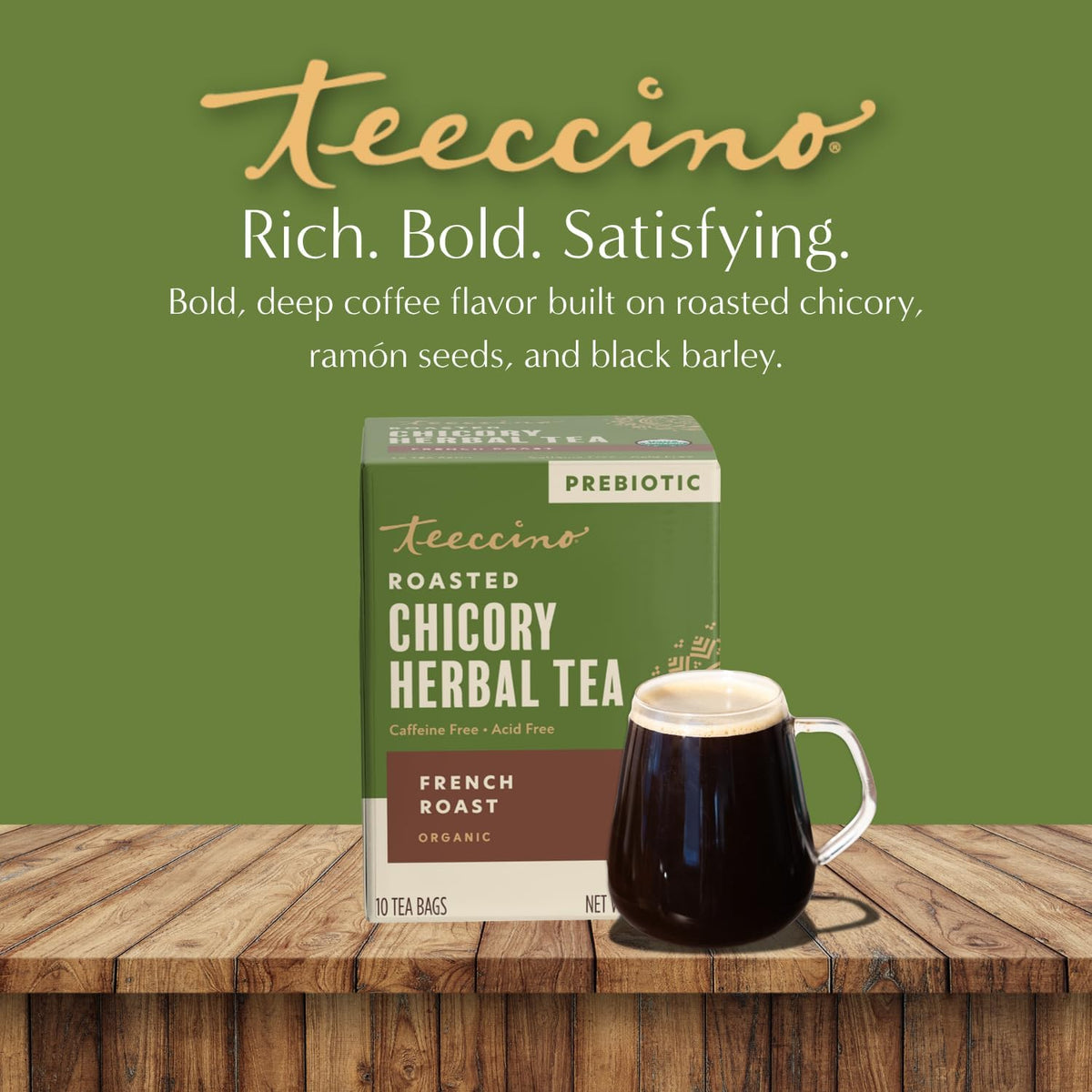 Teeccino Org French Roast Herbal Tea - Caffeine Free Prebiotic 10 Tea Bags