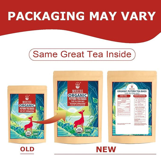 WT WEETEE Organic Puerh Tea Bags, Organic Ripe Pu'erh Tea 100 Count, Smooth, Subtly Sweet, Earthy Dark Tea Black Tea, Rich Antioxidants