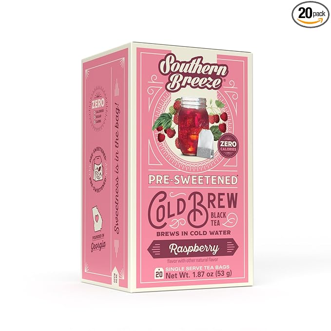 Southern Breeze Cold Brew Sweet Tea Raspberry Iced Tea with Black Tea and Zero Carbs Zero Sugar, 20