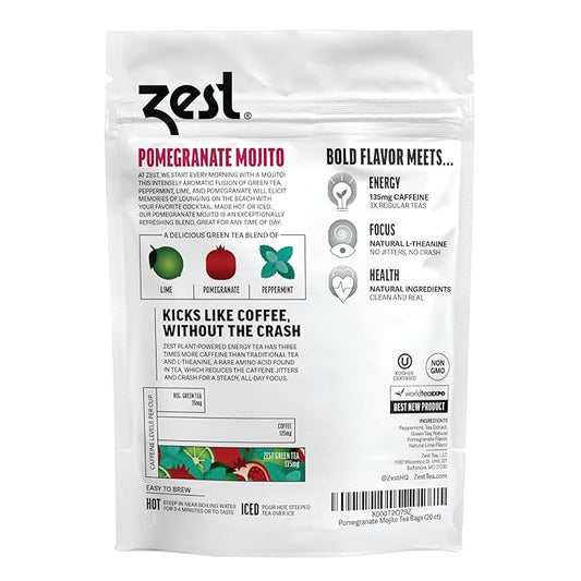 Zest Energy Green Tea – Pomegranate Mojito High Caffeine Tea Bags for Focus & Morning Energy – Natural Caffeinated Tea with 135mg Caffeine – Coffee Substitute – 20Ct Pack, Non-GMO & Keto Friendly