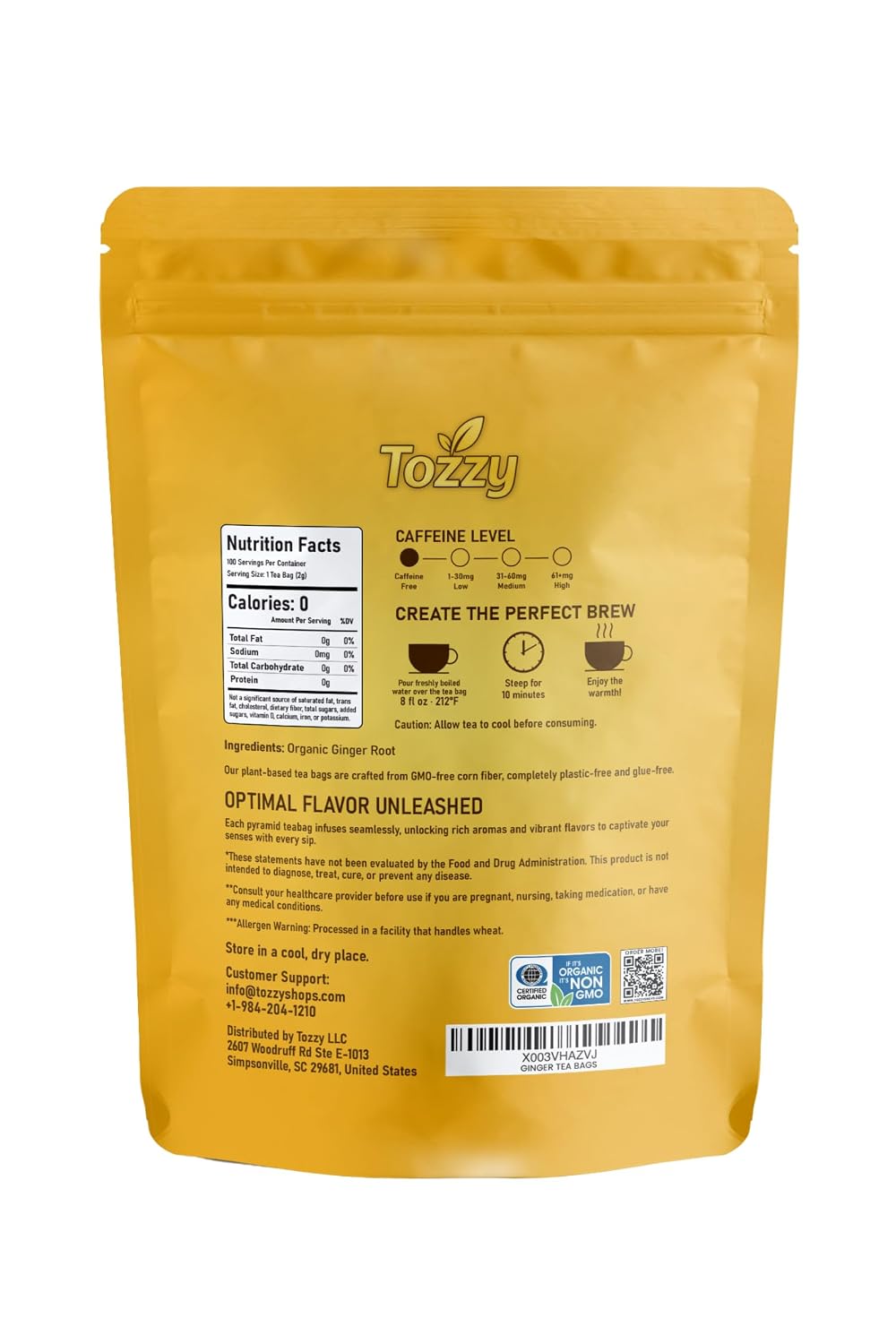 Tozzy Organic Ginger Tea – 100 Count, Plant-Based Pyramid Tea Bags – Packaging May Vary