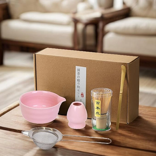Matcha Whisk Set, Matcha Set with Matcha Bowl with Spout, Bamboo Whisk and Holder, Bamboo Scoop and Stainless Sifter