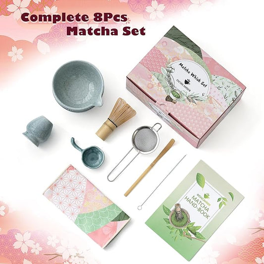 Matcha Tea Set, 8 Pcs Japanese Matcha Kit with Cherry Blossom and Wave Design Ceramic Bowl, Bamboo Whisk, Whisk Holder, Scoop, Sifter, Brush, Matcha Kit Set for Matcha Lovers (Blue)