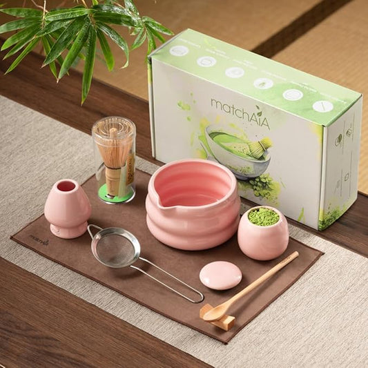 Matcha Whisk Set - Ceramic Bowl, Bamboo Whisk with Holder, Storage Canister, Sifter, Schima Spoon with Rest, Tea Towel
