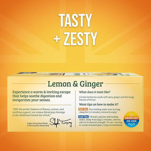 Twinings Lemon & Ginger, Caffeine-Free Herbal Tea Bags, 100 CT Box (1 Pack) | Spicy & Tangy, Ginger, Lemon Peel, Lemongrass, Blackberry Leaves, Soothe Digestion, 100 Foil Lined Individually Wrapped Bags