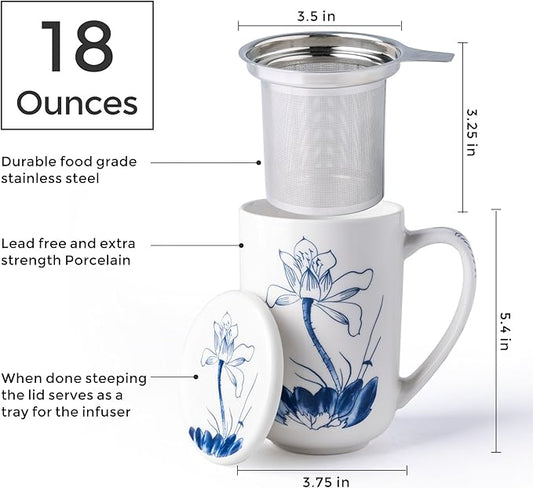AmorArc Porcelain Tea Mug with Infuser and Lids, 18 Oz Large Cup Strainer with Bag Holder for Loose Leaf Tea