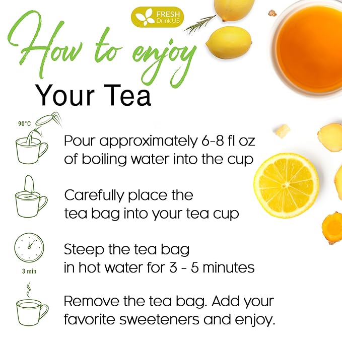 FreshDrinkUS, Premium 150 Lemon Ginger Tea Bags, 100% Natural Ingredients, Hand-made Blend of Lemon and Ginger, Eco-conscious Tea Bags. No Sugar, No Caffeine, Vegan.