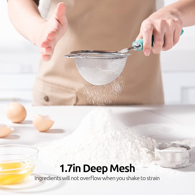 18/8 Stainless Steel Mesh Strainer: U-Taste 3.9 Inch Kitchen Fine Mesh Sieve Food Colander with Riveted Sturdy Silicone Handle and 30 Mesh Hole for Straining Flour, Quinoa, Tea, Juice (Aqua Sky)