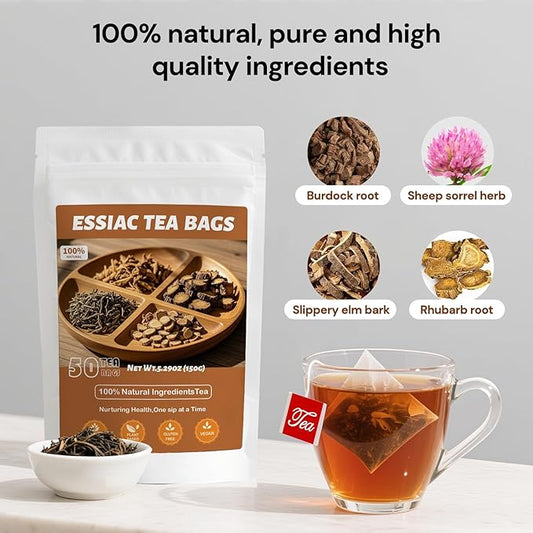Essiac Tea, Premium Essiac Wellness Herbal Tea Bags with Slippery Elm Bark, Caffeine Free-50Count (Pack of 1)