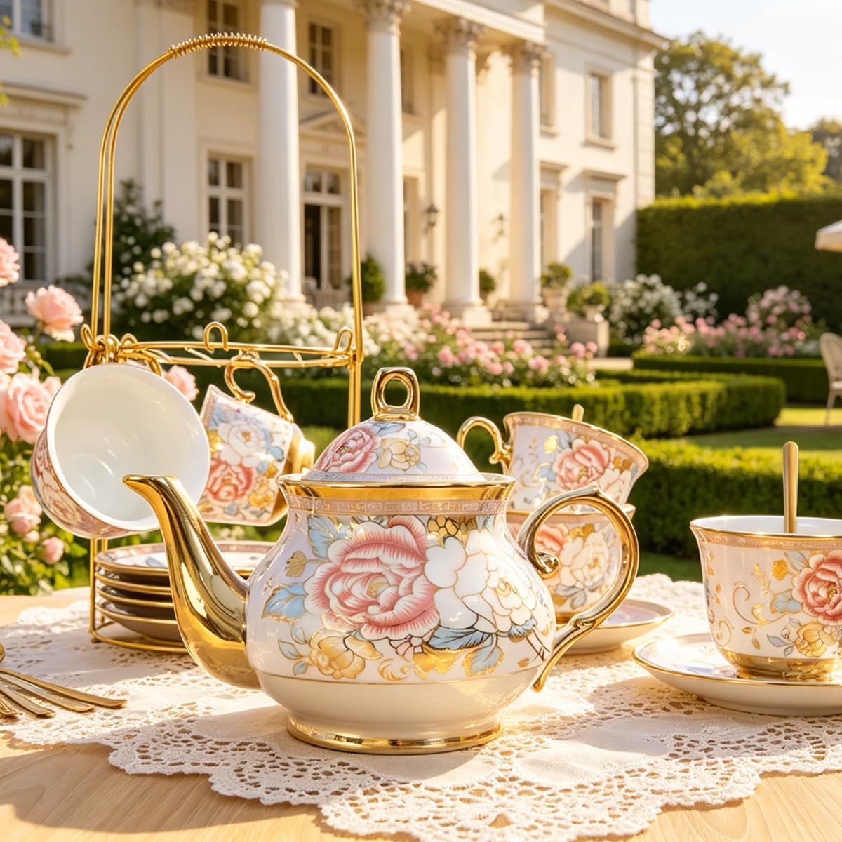 Gold-plated vintage red rose ceramic tea set, beautiful coffee tea pot set for 6 people