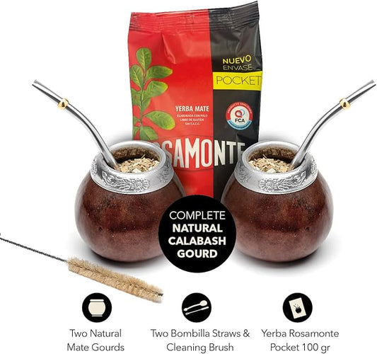 BALIBETOV Set of Two Yerba Mate Gourd and One Pack of 100gr - 3.5OZ of Yerba Mate - Yerba Mate Cup Argentina - 2 Mate Tea Cup, 2 Bombilla, 1 Cleaning Brush, 1 Loose Leaf Yerba Mate bag (DARK BROWN)