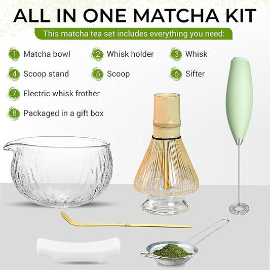 Matcha Whisk Set with Matcha Bowl - Matcha Set Included Electric Frother, Bamboo Whisk, Matcha Spoon, Bamboo Holder, Sifter, Spoon Stand (Clear Glass)