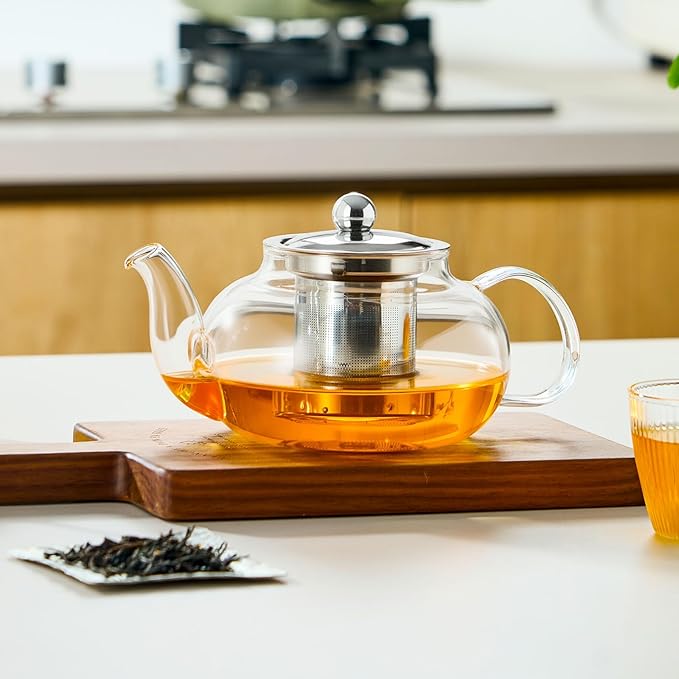 Glass Teapot Stovetop 20 OZ/600ml, Tea pot with Removable 18/8 Stainless Steel Infuser, Borosilicate Clear Tea Kettle
