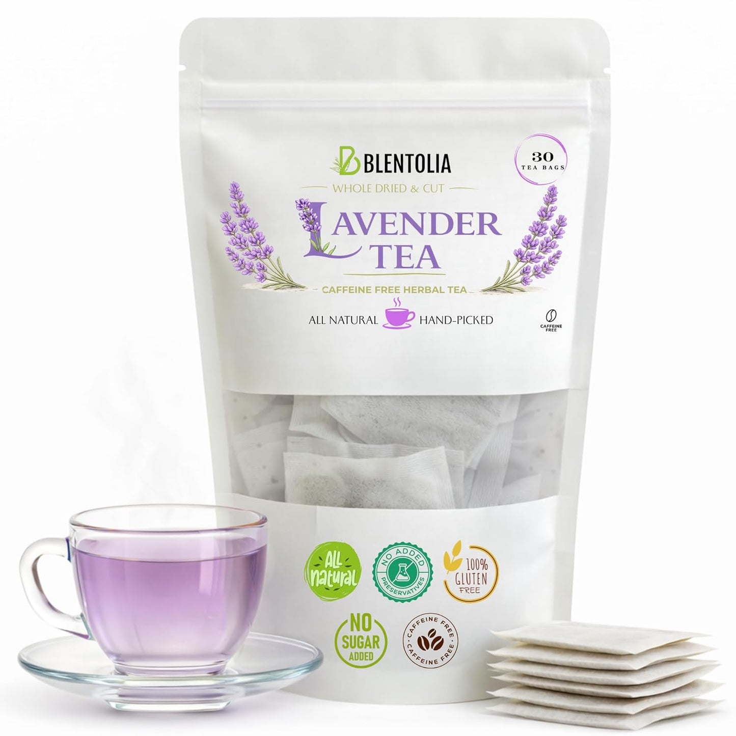 Blentolia Lavender Tea Bags – 30 Count – Caffeine-Free Herbal Tea – Dried Lavender Flower Infusion for Relaxation, Sleep & Aromatherapy