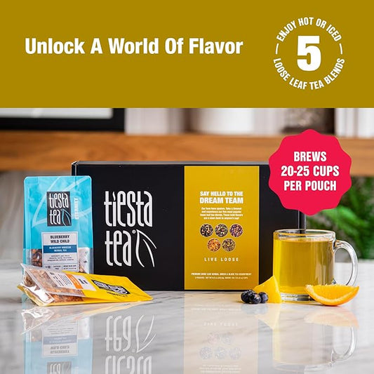 Tiesta Tea - Top Loose Leaf Tea Gift Box, High to Non-Caffeinated Assorted Blends, 5 Pouched Bags for Hot & Iced Brews Variety Pack, Green, Herbal, Black & Fruit