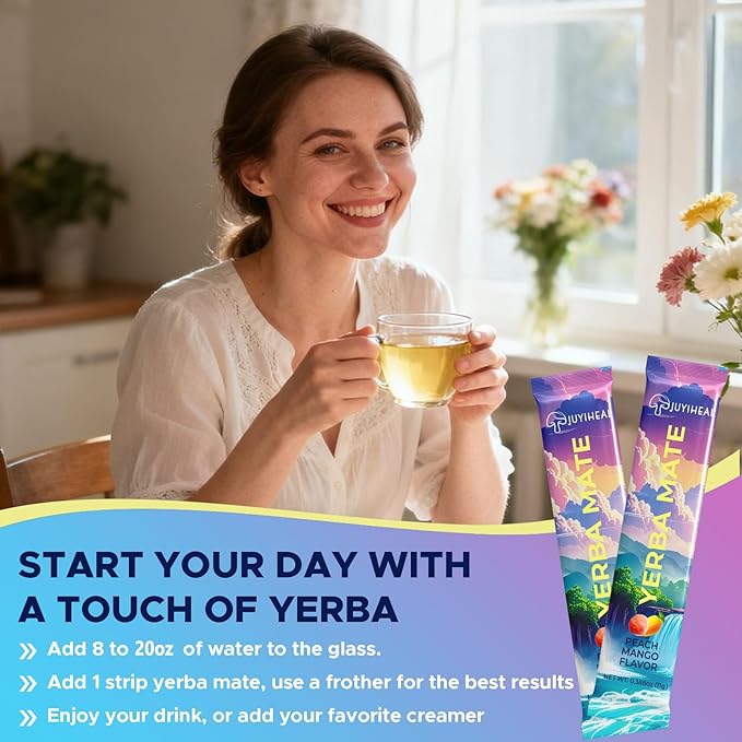 JUYIHEAL 30 Sticks Yerba Mate Powder, Super Yerba Mate Instant Tea Powder Single Serve Sticks with Lions'mane, L-Theanine, Prebiotics, Probiotics for Energy, Focus & Gut Health, Sugar-Free, Peach Mango