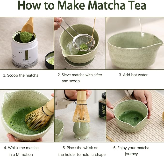 Japanese Matcha Set, Matcha Bowl with Spout and Coaster, Matcha Whisk and Holder, Sifter, Scoop, Spoon, Cleaning Brush