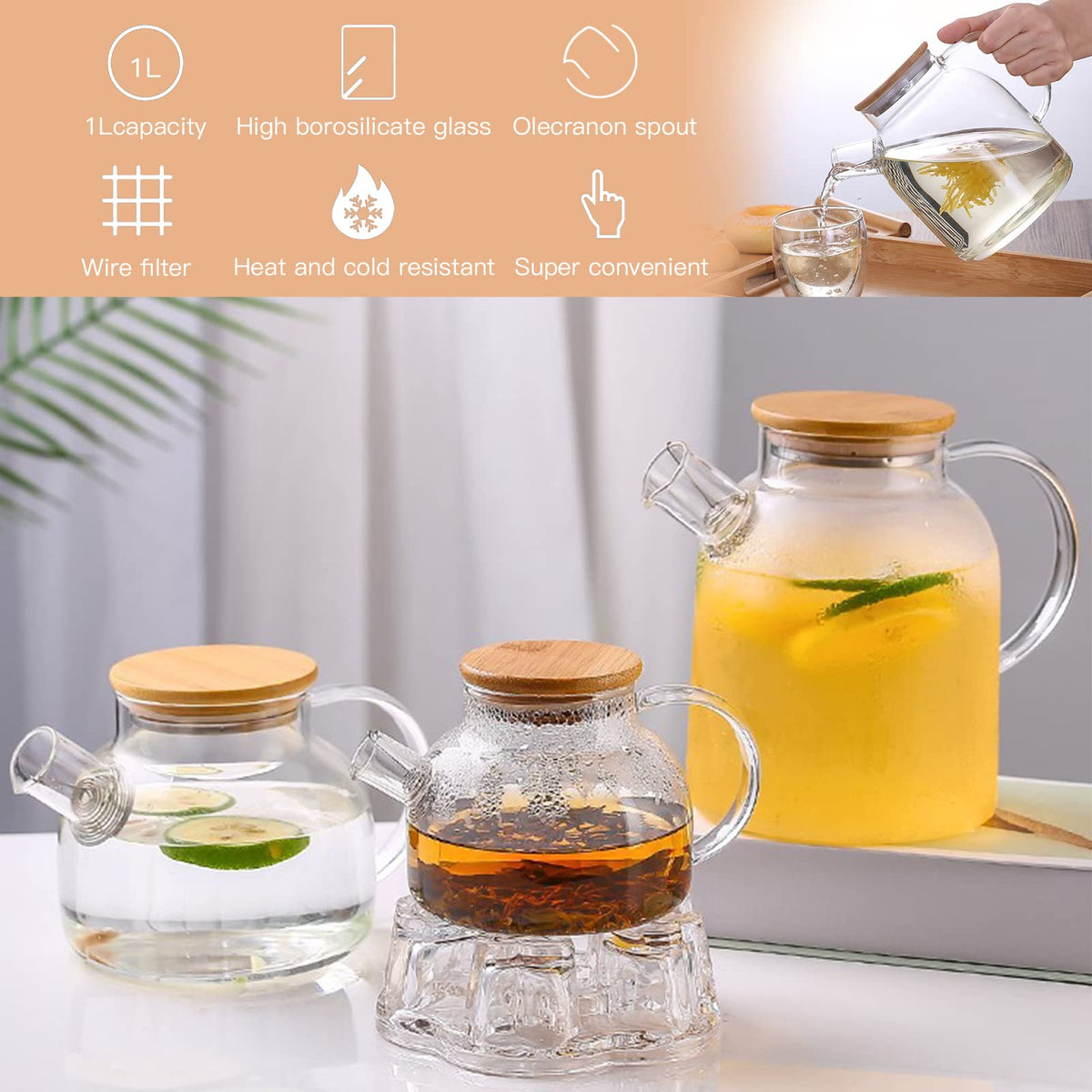 JOUALY Glass Teapot 34oz/1000ml, Stovetop & Microwave Safe Borosilicate Tea Pot,Clear Teapot with Strainer, Glass Tea Kettle