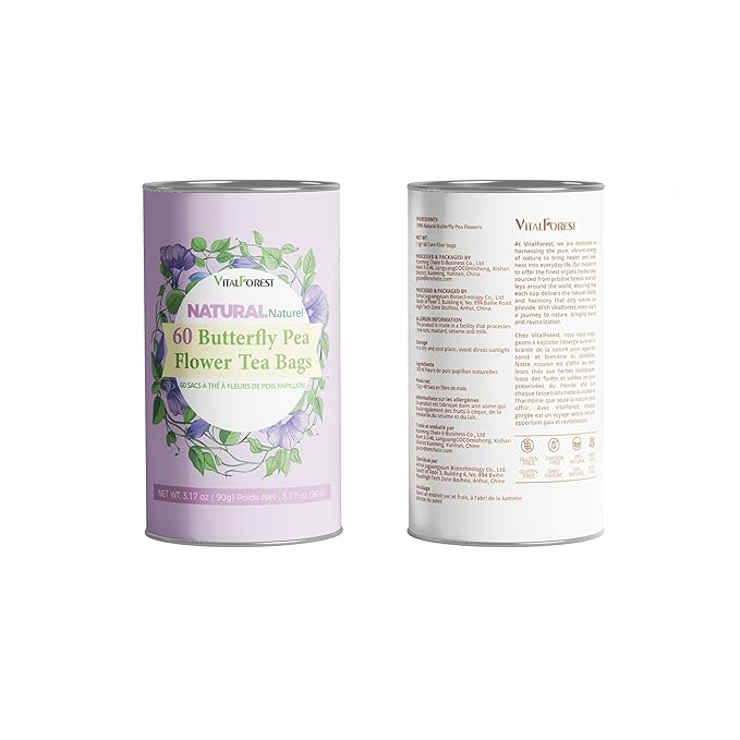 60 Dried Butterfly Pea Flower Tea Bags, VitalForest Butterfly Blue Pea Flower Tea, Premium Caffeine Free, Non-GMO, for Cooking, Iced Tea, Coolers