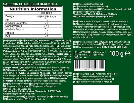 VAHDAM Saffron Spiced Chai (Loose Leaf, 50 Cups, 100g) | Black Tea with Cardamom, Cinnamon, Clove, Almond & Saffron | Enjoy Hot, Iced, or as a Chai Latte
