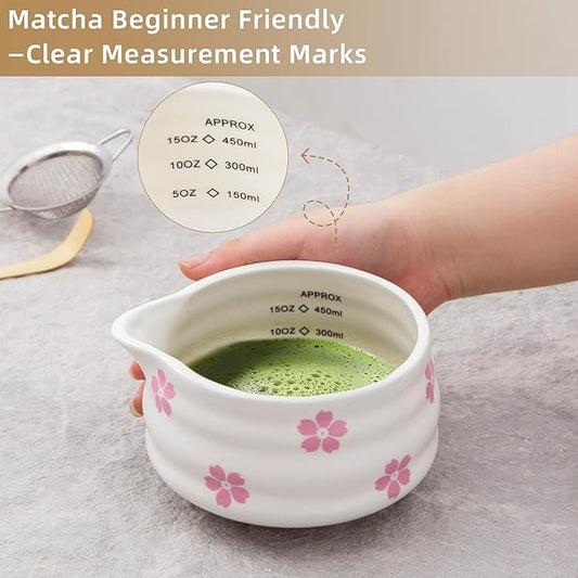 2pcs Matcha Bowl with Whisk Holder, Ceramic Cherry Blossom Matcha Bowl with Spout, 16.5OZ Porcelain Bowl with Measurement Marks