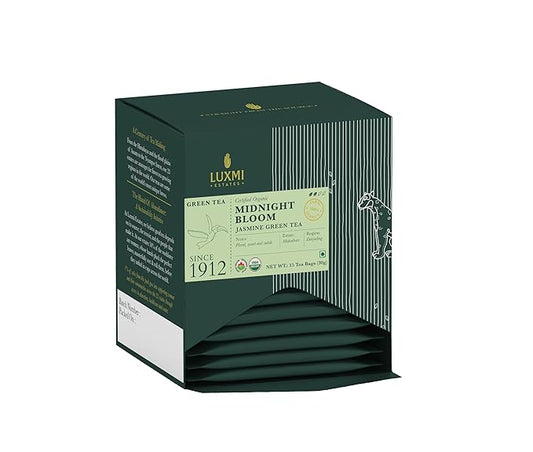 Luxmi Estates Midnight Bloom Organic Jasmine Tea (90 Tea Bags) Mildly Caffeinated Tea Bags For Relaxing, Calming, and Stress Relief, With Certified Organic Darjeeling Makaibari Green Tea