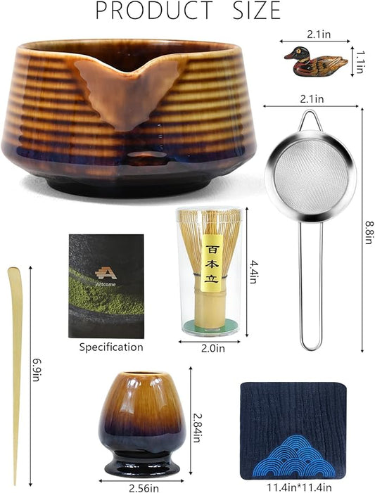 Artcome Matcha Tea Set – Japanese Matcha Kit with Bamboo Whisk, Pouring Spout Bowl, Scoop, Sifter, Holder & Manual