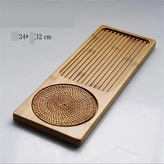 Tea Tray Bamboo Wood Tea Tray, Tea Plate Accessories, Saucer Rattan Mat, Rectangle Serving Table Plate, Storage Dish for Hotel Gongfu Tea(S-34X12cm)